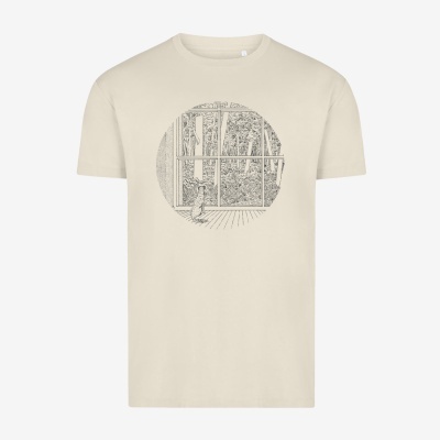 T-shirt bege com estampa preta de janela e figura humana