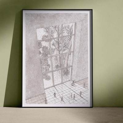 Quadro com ilustração a preto e branco de pessoas e janela grande, encostado numa parede verde clara.