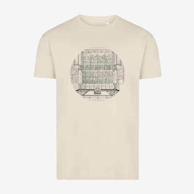 T-shirt creme com ilustração preta circular na frente