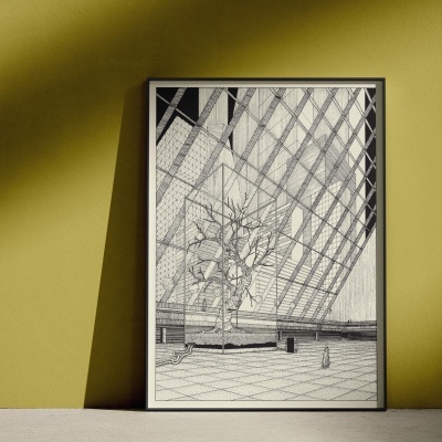 Poster emoldurado com ilustração a preto e branco de árvore interna com janelas de vidro.