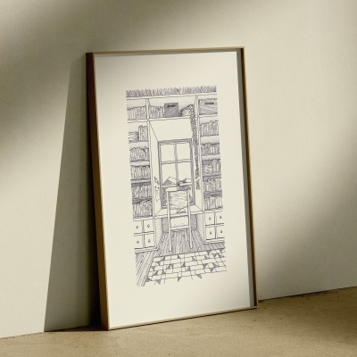 Poster com ilustração de estante, porta e cadeira em preto e branco