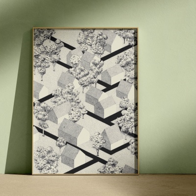 Pôster decorativo com casas e árvores em cinza e preto, moldura dourada