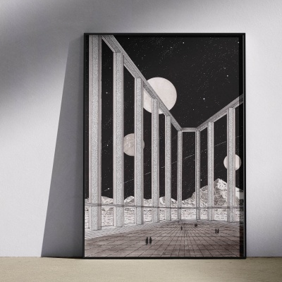 Quadro com ilustração arquitetónica e céu estrelado com luas