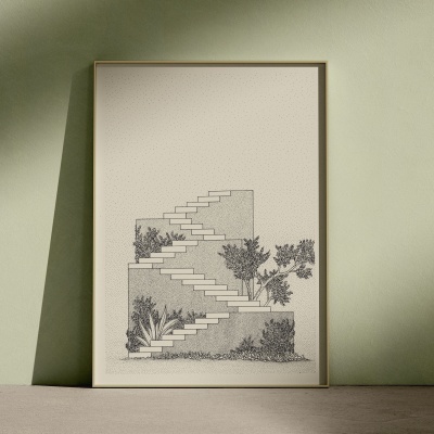 Pôster artístico emoldurado com desenho minimalista de escadas e plantas