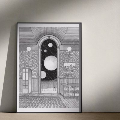 Quadro ilustrativo em preto e branco de uma sala com vista para o espaço estrelado e planetas.