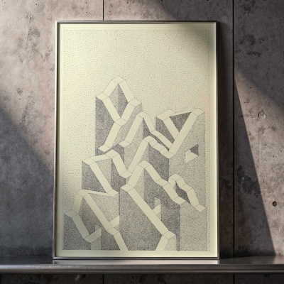 Quadro com arte minimalista monocromática em preto e branco com formas geométricas entrelaçadas