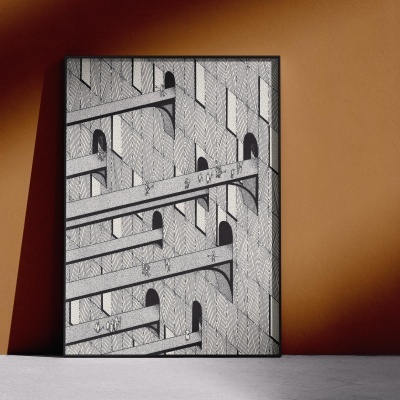 Quadro decorativo com ilustração a preto e branco de passadiços e arcos com pessoas pequenas.