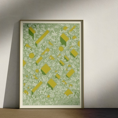 Pôster artístico em moldura com design verde e amarelo numa parede branca.