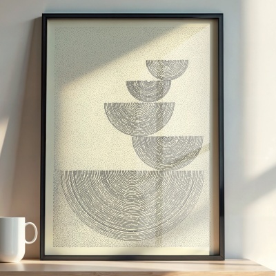 Pôster decorativo geométrico emoldurado numa moldura preta, sobre superfície de madeira com caneca branca ao lado.