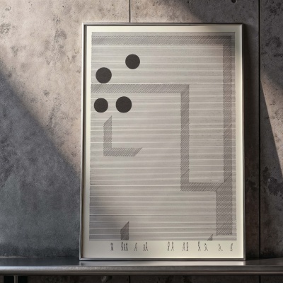 Quadro minimalista com linhas horizontais, pontos pretos e figuras humanas em moldura prateada