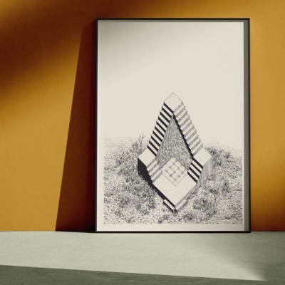 Pôster emoldurado com desenho geométrico preto e branco apoiado numa superfície cinza com parede laranja atrás