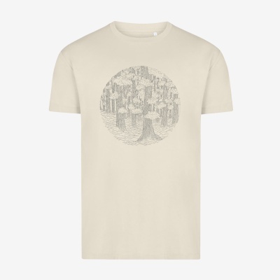 T-shirt bege com estampa circular de floresta cinza claro