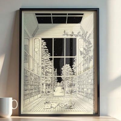Poster artístico preto e branco com ilustração de sala e árvore vista por janela grande