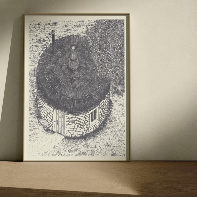 Quadro com ilustração de casa redonda de pedra e telhado de colmo