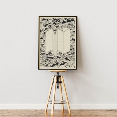 Pintura abstrata em preto e branco emoldurada sobre banco de madeira clara contra parede branca