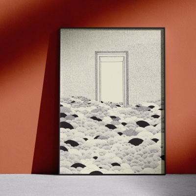 Poster com ilustração a preto e branco, moldura preta, encostado a uma parede laranja