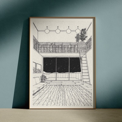 quadro decorativo com ilustração interior de casa em tinta preta sobre fundo branco