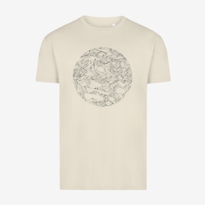 T-shirt creme com estampa circular em padrões monocromáticos abstratos