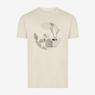 Camiseta creme com estampa cinzenta de plantas e casa abstrata dentro de círculo