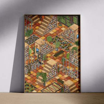 Quadro ilustrado de biblioteca interior com livros e plantas