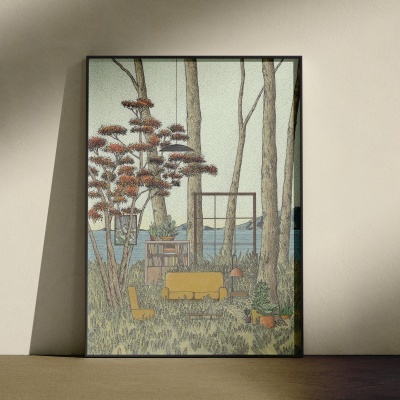 Pintura emoldurada de uma sala com árvores em fundo claro