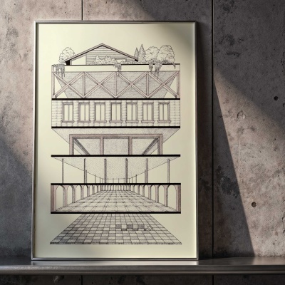 Poster artístico de arquitetura com várias secções de edifício emoldurado