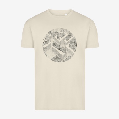 T-shirt bege com estampa circular cinza abstrata no centro