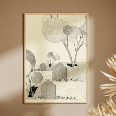 Quadro decorativo com ilustração minimalista em tons cinzento e bege de árvores e casas.