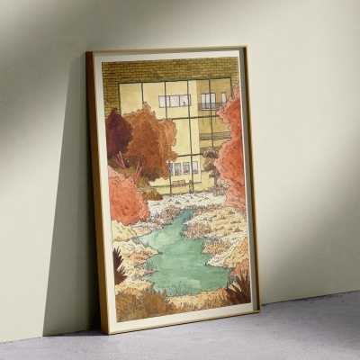 quadro com ilustração urbana colorida com árvores e edifício