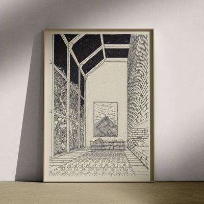 Desenho a preto e branco de sala interior com janelas grandes e quadro de montanha