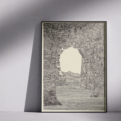 Quadro decorativo com imagem monocromática de parede de pedra e paisagem ao fundo