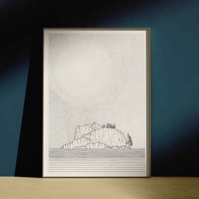 Desenho emoldurado a preto e branco de uma ilha com árvores