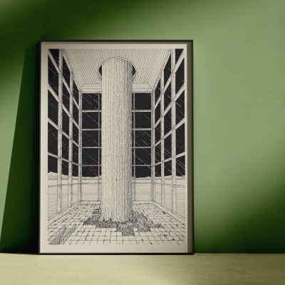 Quadro monocromático a preto e branco com estrutura arquitetónica encostado à parede verde