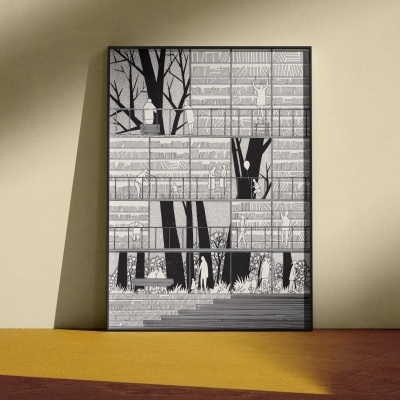 Quadro decorativo preto e branco com ilustrações de pessoas e árvores