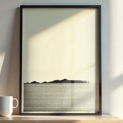Poster minimalista com linhas horizontais e montanhas emoldurado sobre prateleira de madeira