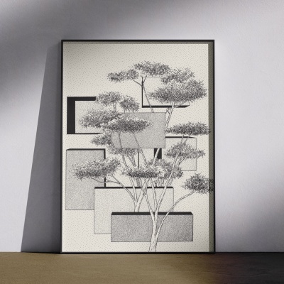 Quadro de arte com ilustração em preto e branco de árvores e padrões pontilhados encostado numa parede branca