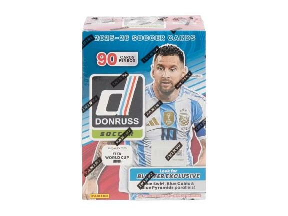 Caixa de cartões Donruss 2025-26 com 90 cartas e imagem de jogador de futebol