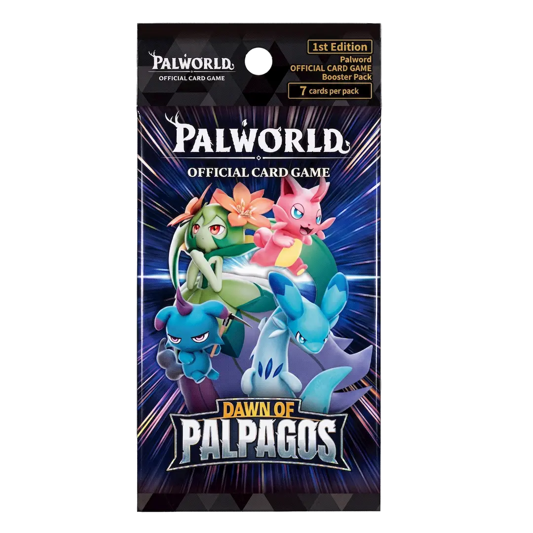 Pacote de booster do jogo de cartas Palworld com 7 cartas, edição 1st Edition, com ilustrações de criaturas fantásticas coloridas.