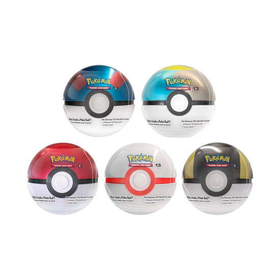 Cinco bolas de Pokémon com designs e cores diferentes para o jogo de cartas