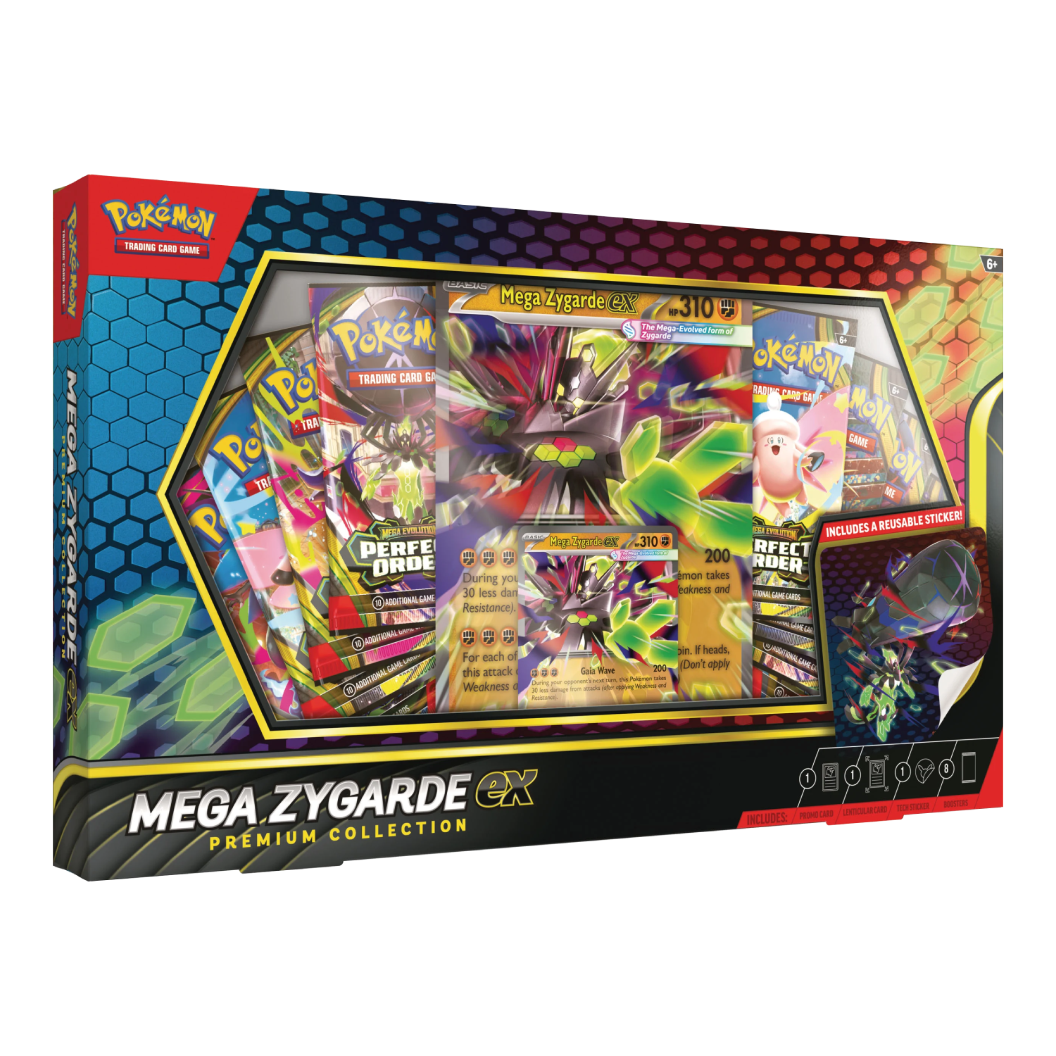 Conjunto Pokémon Mega Zygarde ex Premium Collection em embalagem colorida com cartas visíveis
