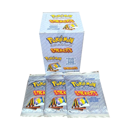 Pack de cartões autocolantes Pokémon com caixa e saquetas prateadas