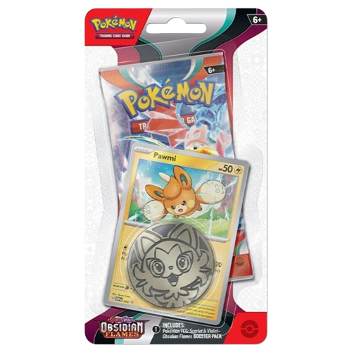 Pacote blister com booster pack de cartas Pokémon, carta Pawni e ficha metálica