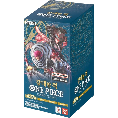 Caixa do jogo de cartas ONE PIECE com ilustração de personagens e texto em coreano