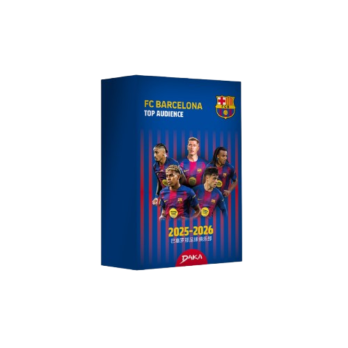 Embalagem FC Barcelona cores azul e grená com jogadores e texto 2025-2026