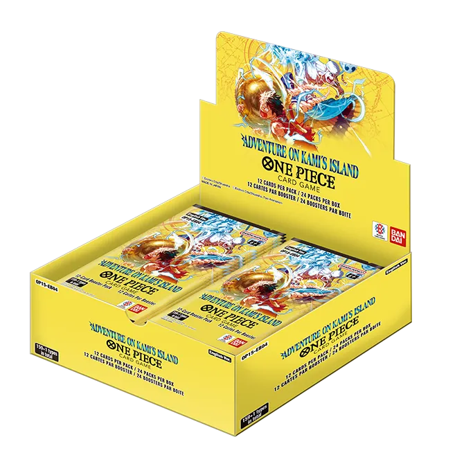 Expositor amarelo com pacotes de cartas One Piece Adventure on Kamis Island