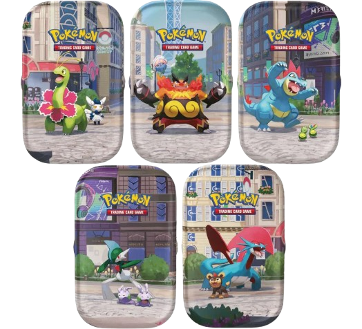 Cinco estojos metálicos com ilustrações de Pokémon e texto Pokémon TRADING CARD GAME.