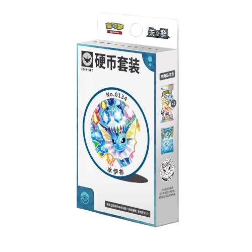 Pacote de conjunto de moedas com criatura azul e cristais, texto em chinês e número No.0134