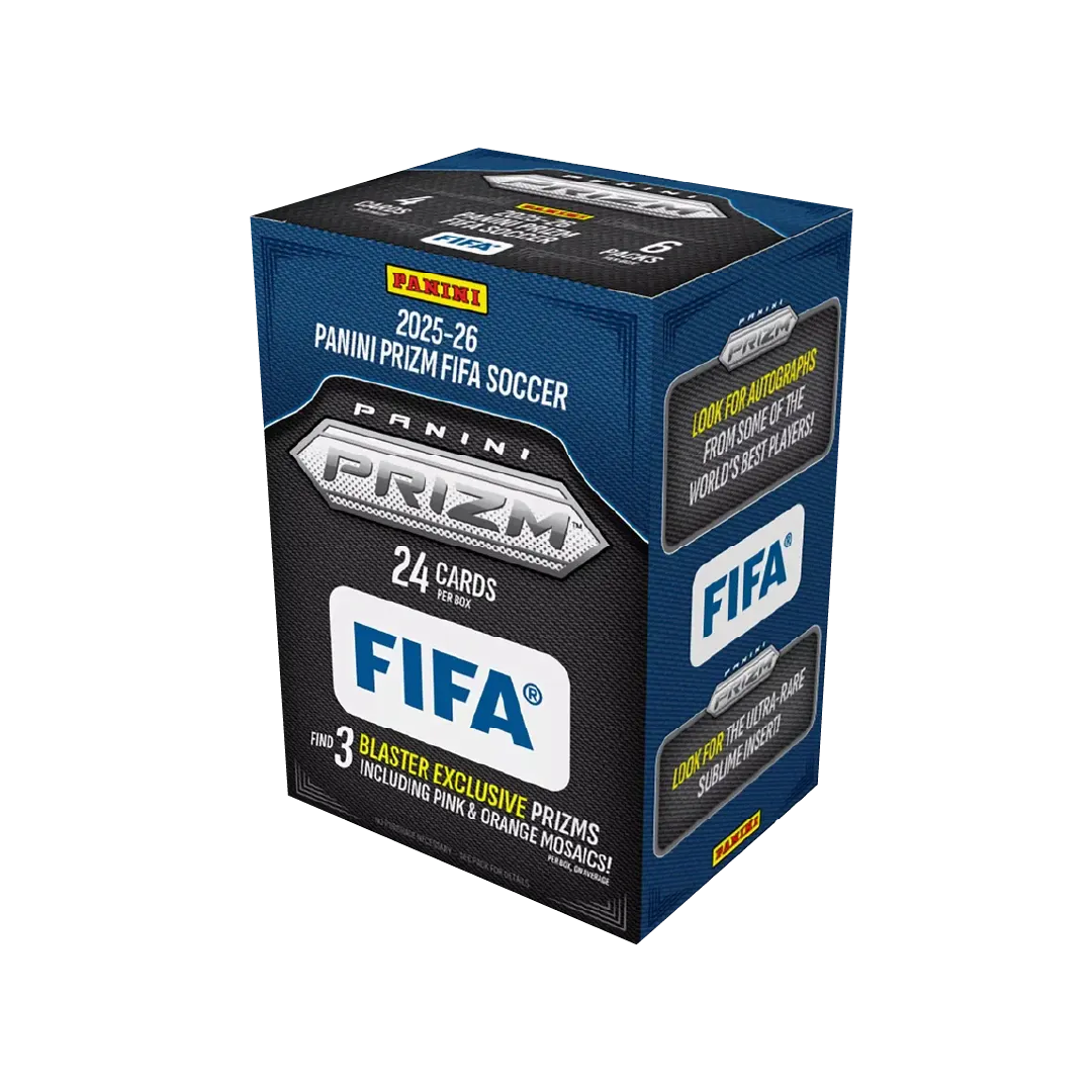 Caixa azul e preta de cartas colecionáveis Panini Prizm FIFA Soccer 2025-26