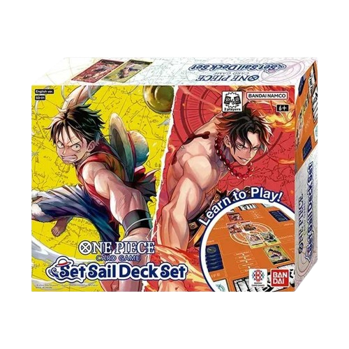 Caixa do conjunto One Piece Card Game Set Sail Deck Set com personagens e texto em inglês