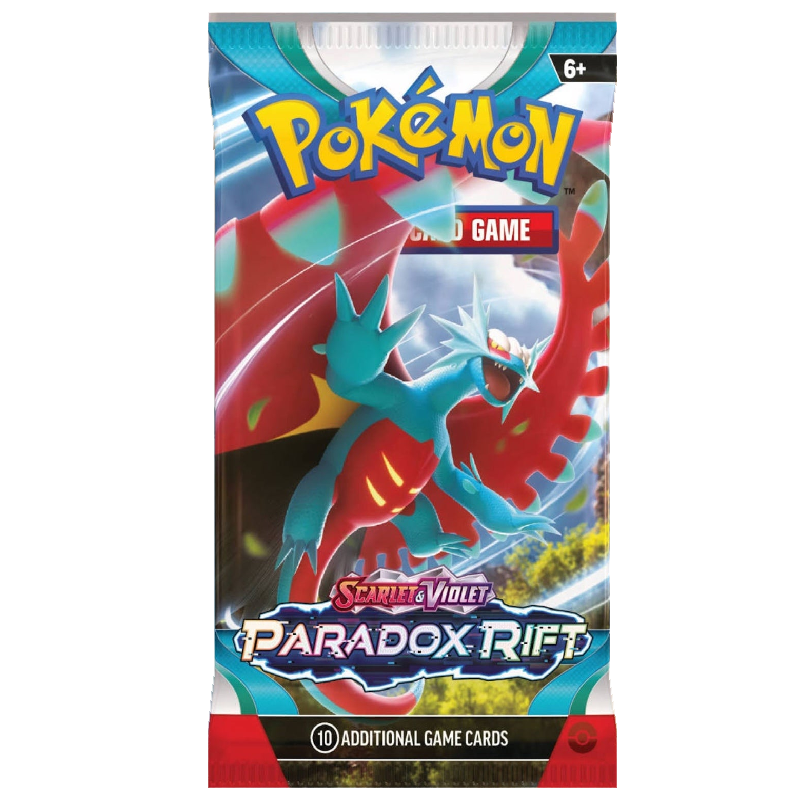 Pacote de cartas Pokémon Scarlet & Violet Paradox Rift com criatura azul e vermelha
